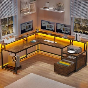 L Shaped Desk with Monitor Shelf 66" Home Office Desk w/Led Lights &Power Outlet - Picture 1 of 9