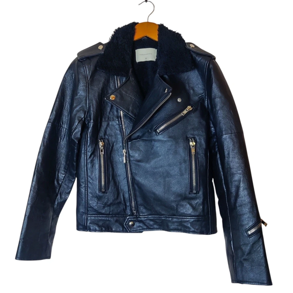 Chaqueta de motociclista de cuero reciclado Deadwood negra cuello de piel 38 pequeña Foto 1 de 4