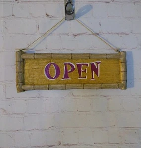 Bamboo Wooden 2 Sided Open / Back In 5 Hanging Sign Tiki Bar - Picture 1 of 7