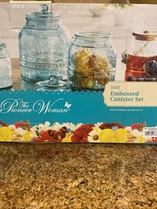 The Pioneer Woman Cassie Embossed Glass Canister Set (Teal) - Set of 3, New - Picture 1 of 5