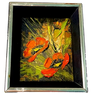 Vtg Margit Szucs Framed Original Miniature Oil Painting Floral Orange Poppies - Picture 1 of 11