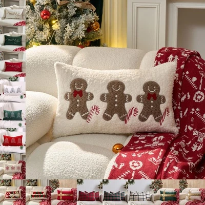 UK Rectangle Plush Christmas Cushion Cover Xmas Pillow Case Home Decor 20x12" - Image 1 of 4