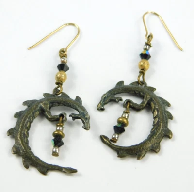 Artisan Bronze Dragon Holding Crystal Drop Earrings Gold Filled Ear Wires 2.25" - Image 1 of 4