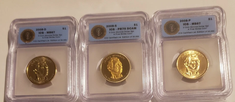 2008 P D S James Monroe BU & Proof Dollar Set ICG 67, 67, 70 First Strikes - Image 1 of 1