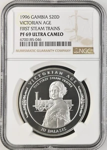 1996 GAMBIA SILVER 20 DALASIS VICTORIAN AGE FIRST STEAM TRAINS- NGC PF 69 UC - Picture 1 of 2
