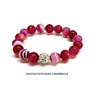 Armband Aus Achate Rosa Pink Und Shamballa Zirkonia 10 Mm. Ajustable. Und Tasche - Picture 1 of 2