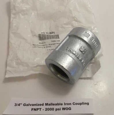 GRAINGER 3/4" Class 300 Galvanized Malleable Iron Coupling - FNPT x FNPT - - Image 1 of 4