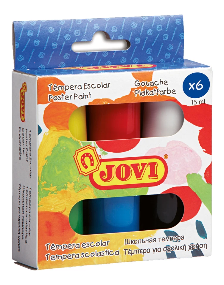 JOVI Plakatfarbe Flüssige Tempera Schulmalfarben Set 6 Dosen a 15 ml sortiert