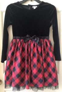 🌺 CAT & JACK BLACK VELVET & RED CHECKED LONG SLEEVE TULLE DRESS SIZE L 10-12 - Picture 1 of 3
