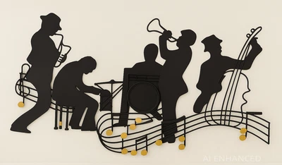 Arte de pared de metal para banda de jazz con 5 músicos silueteadas notas doradas negras - plegable Foto 1 de 4