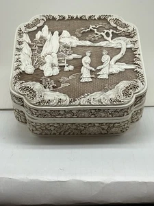 Vintage, Ivory Dynasty Ming Reproduction 17th Century Carved & Lined Jewlery Box - Picture 1 of 8