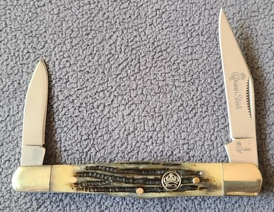 Cuchillo de Bolsillo Queen Acero 2 Hojas Clip Punta Sierra Corte Hueso Manijas Vitrina Foto 1 de 4