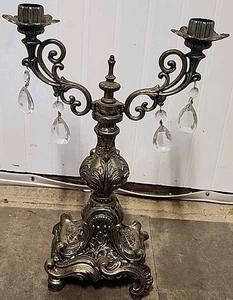 Vintage Brass Baroque Candleabra 2 Arm With Crystal Drops 14.5" Tall - Picture 1 of 12