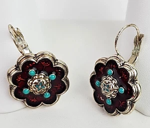 Avon 80er Jahre silberfarbene rote Türkis Emaille Ohrringe Haken 0,75 in Vintage - Bild 1 von 8