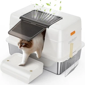 Stainless Steel Cat Litter Box with Lid, Large Enclosed High Side Metal Litter - Picture 1 of 8