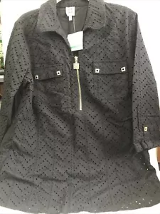 Anne Klein Damen US-Größe Large schwarz V-Ausschnitt/Reißverschluss 3/4-Ärmelige Bluse, NEU - Bild 1 von 17
