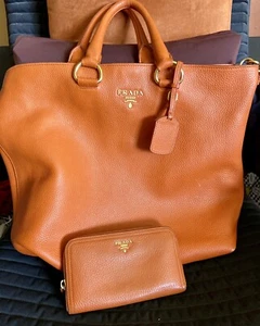 PRADA Vitello Diano Large Shopping tote handbag And Wallet Papaya Orange Color - Picture 1 of 17