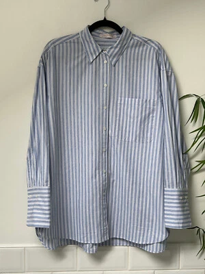 CAMILLE X MANGO Blue White Stripe Oversized Cotton Deep Cuff Shirt L UK12-14 - Image 1 of 4