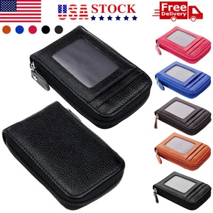 Genuine Leather Men Women Wallet Credit Card Holder RFID Blocking Zipper Pocket - Picture 1 of 14