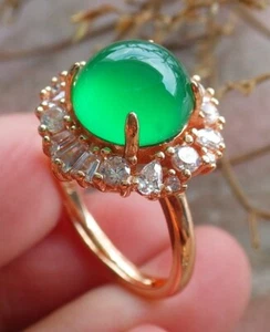 Yellow Gold Green AGATE JADE Ring Circle Cabochon Diamond Imitation 324237 US - Picture 1 of 6