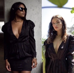 Misa x Revolve Charlize Black Satin Long Sleeve Plunging Neck Mini Dress Size 0 - Picture 1 of 10