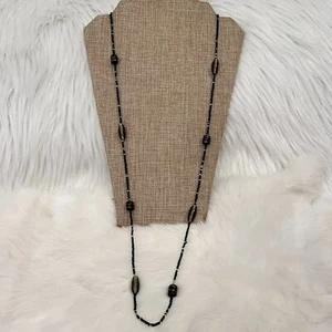 Vtg Flapper Necklace Retro Black Gold Glass Stripe Art to Wear Dark Boho 11340 - Picture 1 of 7