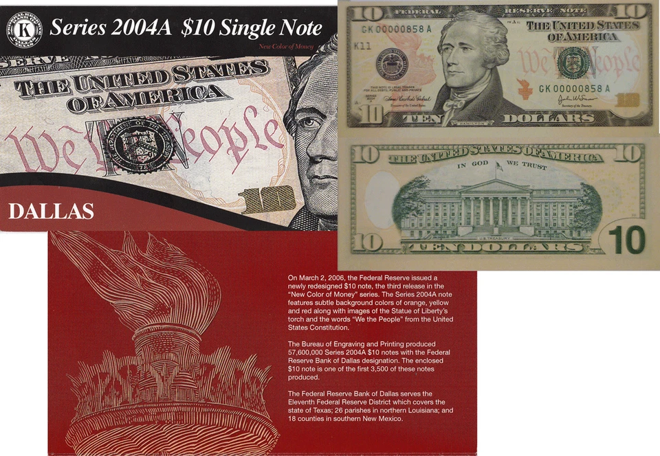 2004 A $10 Dallas District 3 Digit Serial # GK00000858A & BEP Display Card - Image 1 of 1