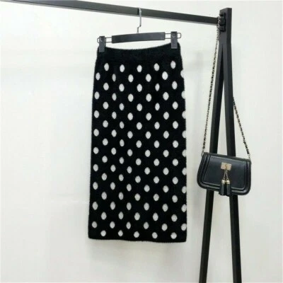 Saia lápis midi feminina de malha bolinhas manchada falsa pele de vison vestidos de inverno - Imagem 1 de 4