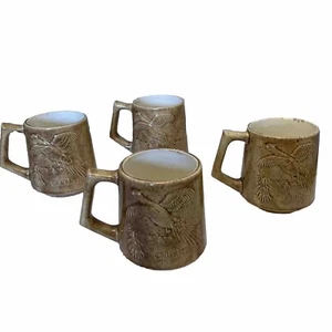 4 Vintage Mid Century Stoneware Coffee Mugs Pheasant Hand Crafted Signed Set 4 - Picture 1 of 15