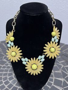 Yellow w/ Blue Pastel Flower Necklace Faceted Beads Summer / Lobster Claw 18"