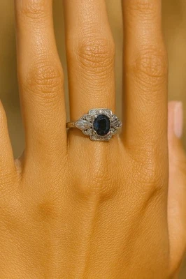 ANILLO SOLITARIO ZAFIRO NATURAL PLATINO VINTAGE Art Deco Foto 1 de 4