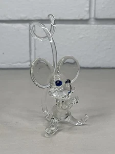 Vintage Art Glass Clear Mouse w/Blue Eyes & Long Curled Tail Figurine Ornament - Imagen 1 de 7