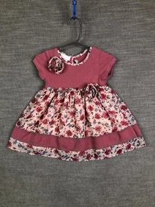 Bonnie Baby Dress Girls 12M Pink Maroon Floral Stripes Ruffles Pullover Roses - Picture 1 of 15