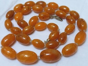 Vintage Faux Amber Oval Beaded Necklace 32 grams Sterling Clasp - Picture 1 of 8