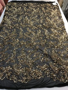 GOLD-BLACK  SEQUINS VINES DESIGN EMBROIDERY ON A 4 WAY STRETCH MESH-BY THE YARD. - Picture 1 of 10