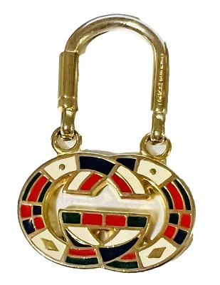 Chaveiro Gucci intertravado GG monograma esmalte autêntico década de 1980 feito na Itália vintage - Imagem 1 de 4