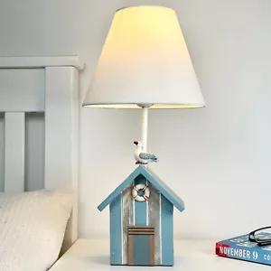 Blue Beach Hut Lamp White Fabric Cone Lampshade Nautical Seaside Bedside Light - Picture 1 of 5