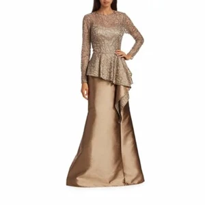 Teri Jon Women's Size 4 Lace & Gazar A-line Champagne Long Gown Msrp $999.00 - Picture 1 of 6