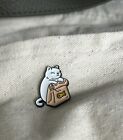 White Cat Holding a Bag of Fish  Cute Fun Cat Lovers Pin  Bling Flair Gift