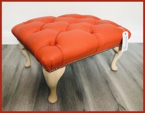 Chesterfield Buttoned Queen Anne Orange Genuine Leather Footstool - Picture 1 of 7