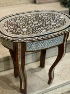 Handmade Wooden End Table Carving Wood Table Home Decor Mother of Pearl Inlay - Picture 1 of 4