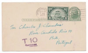US #614 1¢ Huguenot Walloon on 1927 1¢ Postcard to PORTUGAL T 10 Centimes DUE - Picture 1 of 2