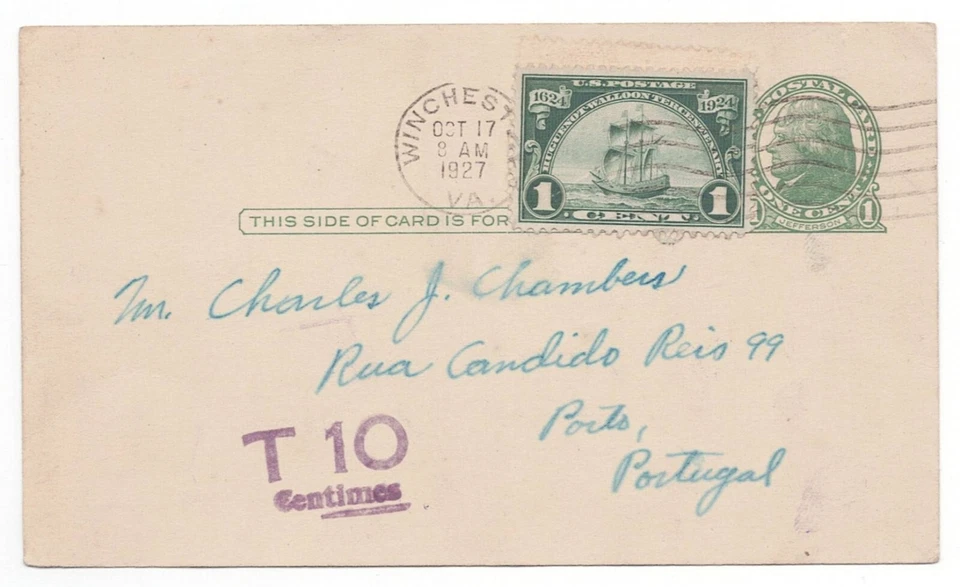 US #614 1¢ Huguenot Walloon on 1927 1¢ Postcard to PORTUGAL T 10 Centimes DUE - Image 1 of 2