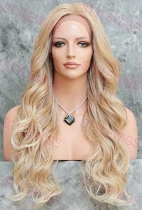 Light Blonde Ombre Long Wavy Curly Heat OK Lace Front Human Hair Blend Wig EVFV - Picture 1 of 6