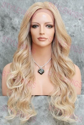 Light Blonde Ombre Long Wavy Curly Heat OK Lace Front Human Hair Blend Wig EVFV - Image 1 of 4
