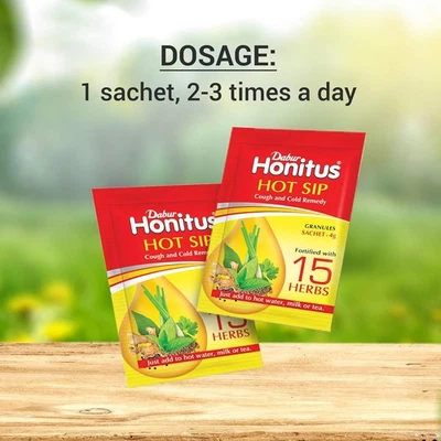 Dabur Honitus Hot Sip Kadha 4g x 30 sobres - alivio ayurvédico tos resfriado Foto 1 de 4