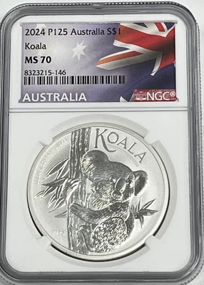 Etiqueta bandera koala australiano plata 2024 P NGC MS 70 Foto 1 de 4