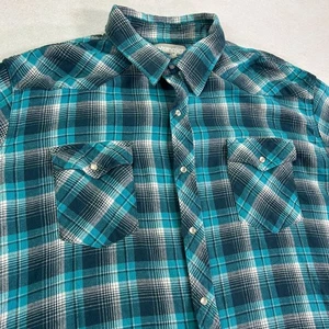 Wrangler Men's Flannel Shirt 2XL Blue Plaid Pearl Snap Long Sleeve Western - Picture 1 of 12