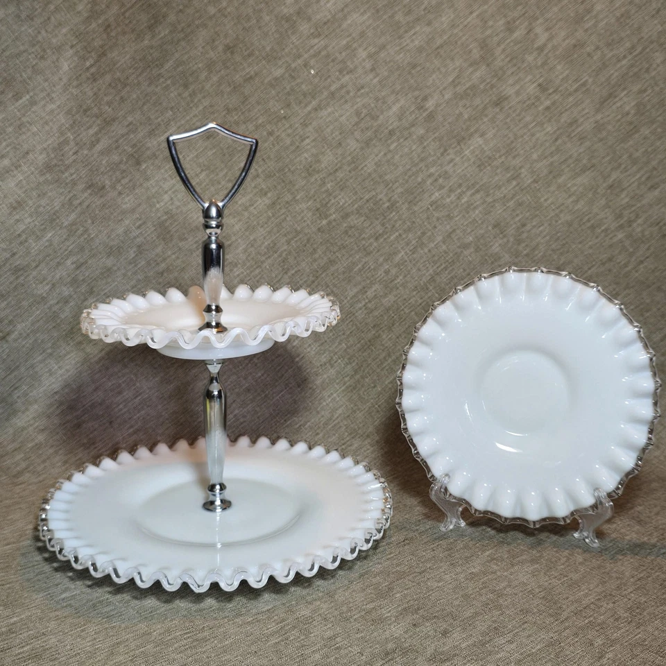 Vintage Milk Glass Ruffled Silver Edge 2-Tier Serving Tray Stand & Plate - Image 1 of 4