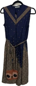 VTG 70s 80s Dress Upcycled With Owl Appliqué Big Buttons Size M? Belt - Picture 1 of 4
